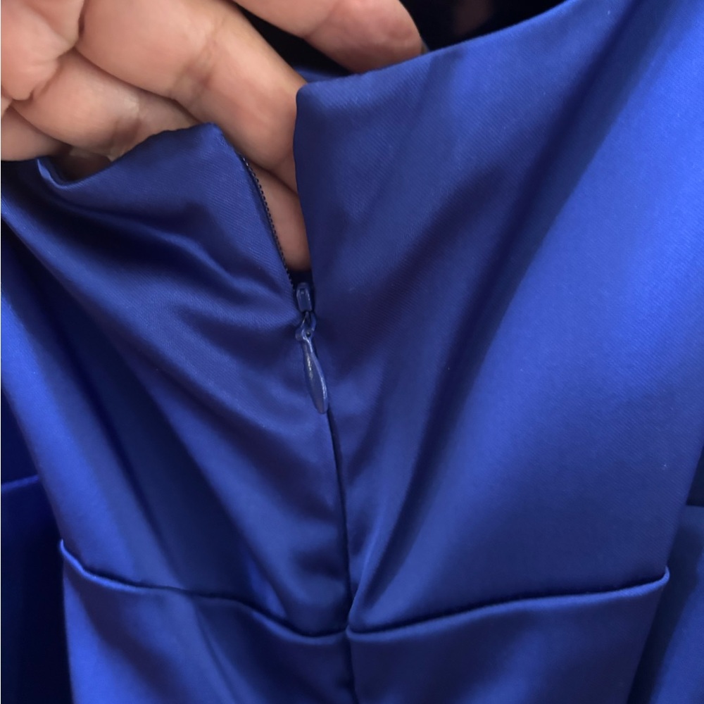 Suzi Chin for Maggy Boutique Cobalt Blue Satin Ruched Midi Dress - Picture 3 of 10